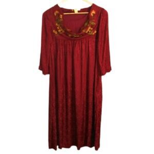 𝅺APRIL CORNELL Oversized Flowy Red Floral Embroidery Cottage Core Midi Dress XS